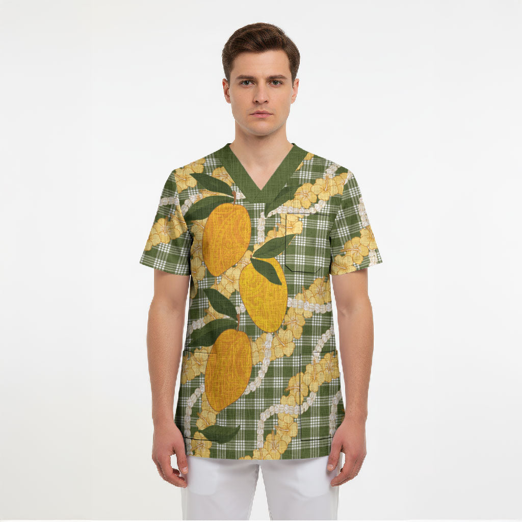 Uliuli Ahiahia Hawaiian Mango Palaka Scrub Top Aloha Hibiscus Pikake Lei LT9 - Polynesian Pride