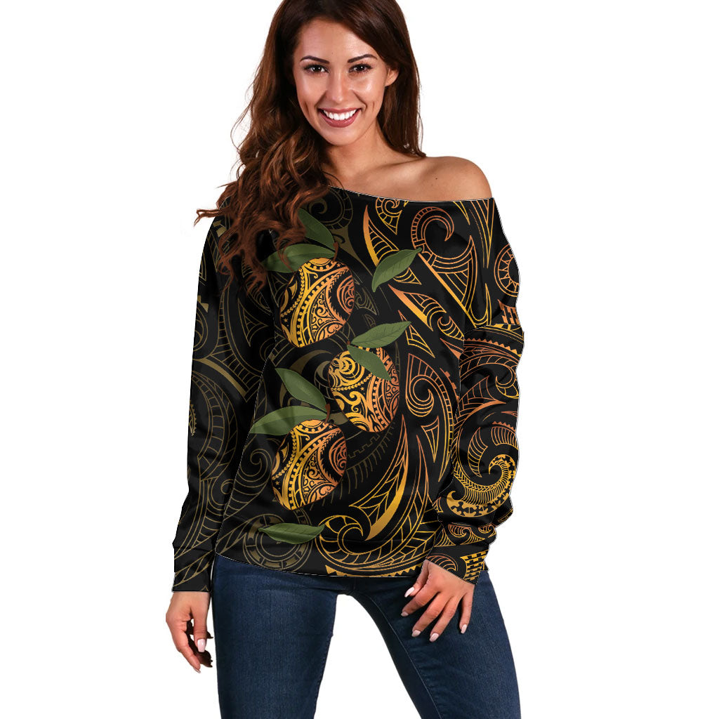 Hawaiian Mango Tribal Tattoo Off Shoulder Sweater Gold Pacific Traditional Pattern LT9 Women Gold - Polynesian Pride