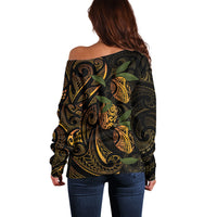 Hawaiian Mango Tribal Tattoo Off Shoulder Sweater Gold Pacific Traditional Pattern LT9 - Polynesian Pride