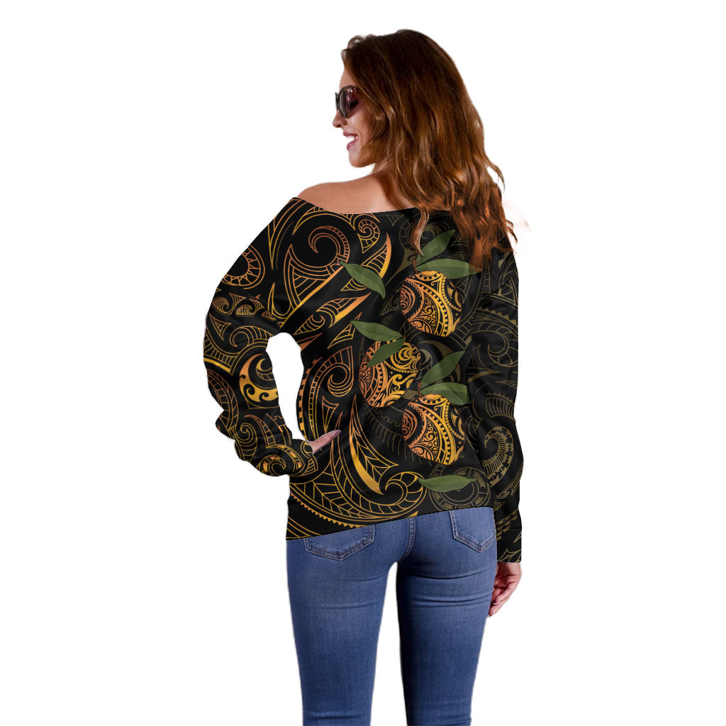 Hawaiian Mango Tribal Tattoo Off Shoulder Sweater Gold Pacific Traditional Pattern LT9 - Polynesian Pride