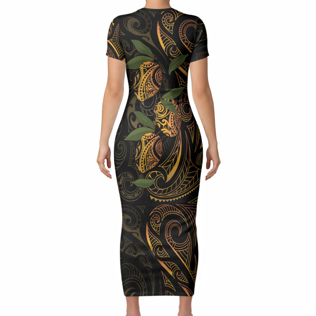 Hawaiian Mango Tribal Tattoo Short Sleeve Bodycon Dress Gold Pacific Traditional Pattern LT9 - Polynesian Pride