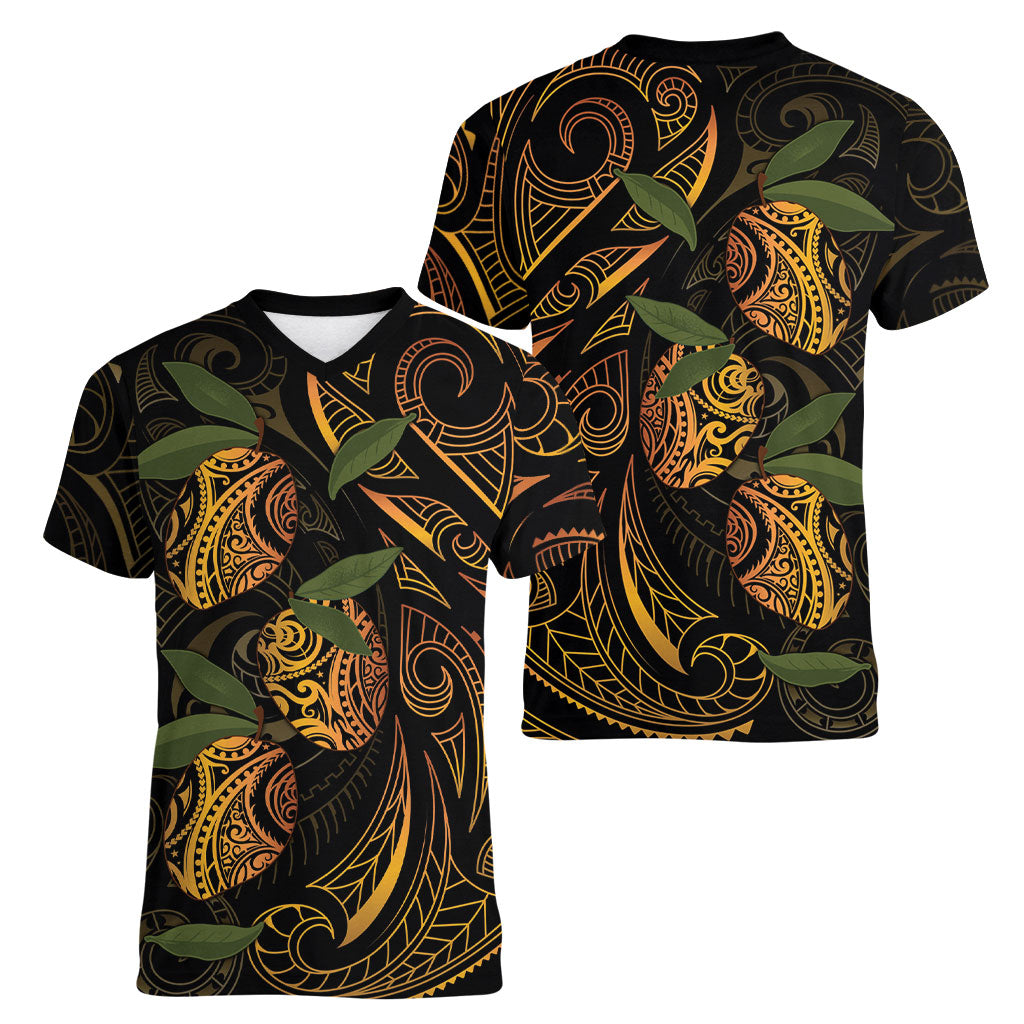 Hawaiian Mango Tribal Tattoo Women V-Neck T-Shirt Gold Pacific Traditional Pattern LT9 - Polynesian Pride