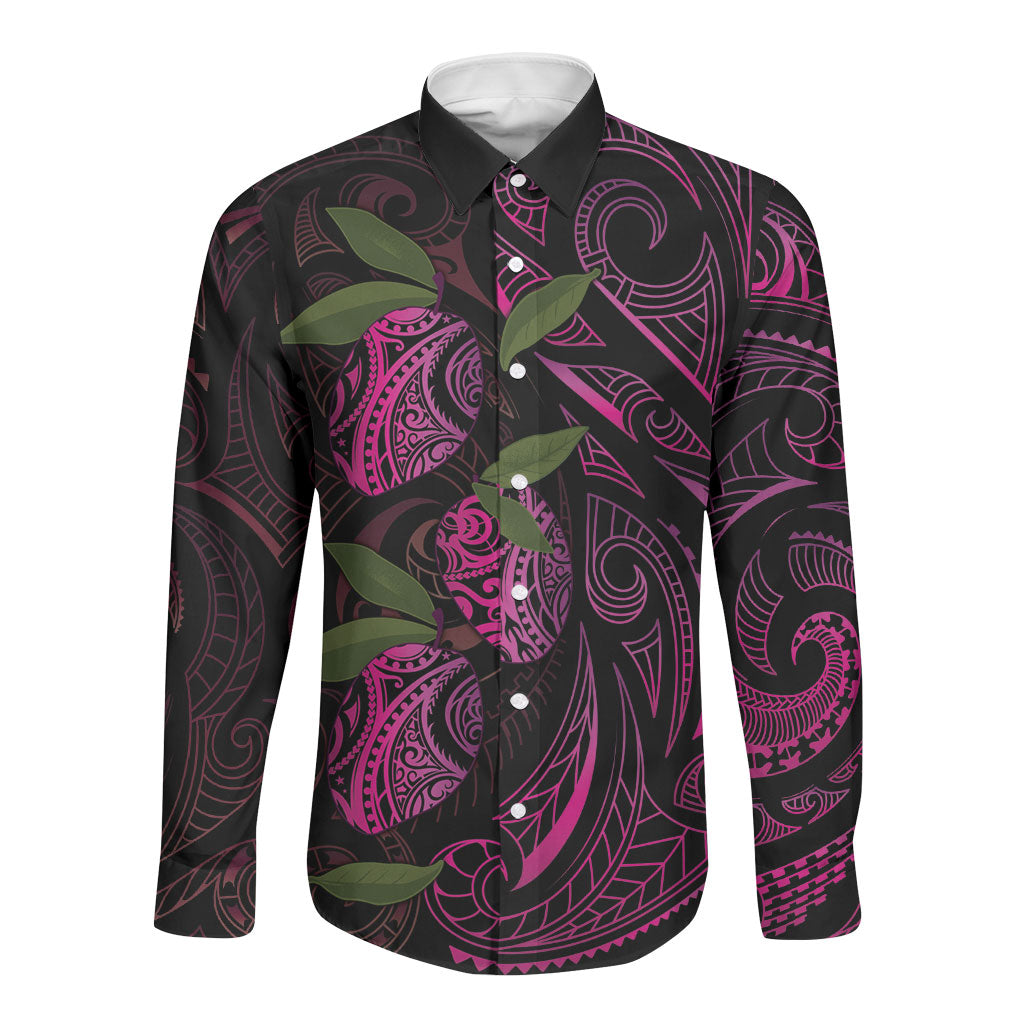 Hawaiian Mango Tribal Tattoo Long Sleeve Button Shirt Pink Pacific Traditional Pattern LT9 Unisex Pink - Polynesian Pride
