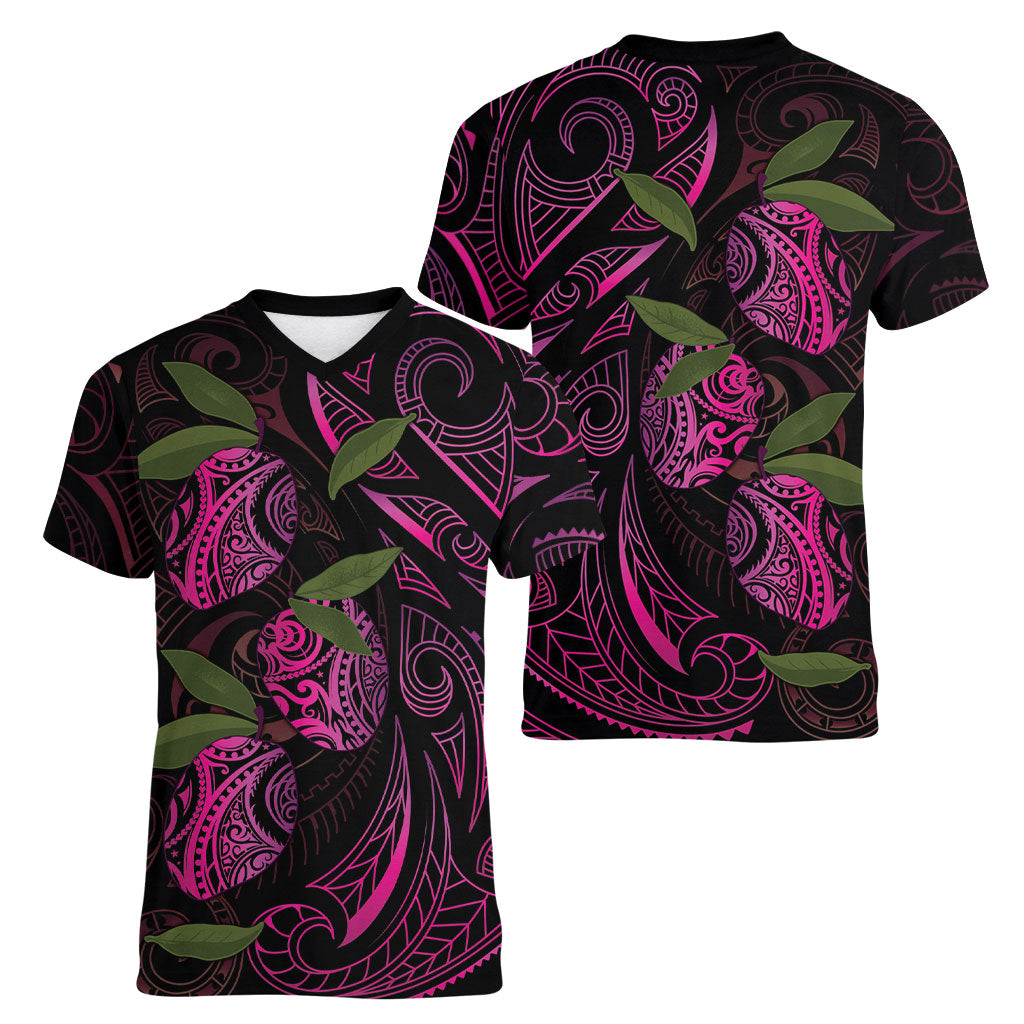Hawaiian Mango Tribal Tattoo Women V-Neck T-Shirt Pink Pacific Traditional Pattern LT9 - Polynesian Pride