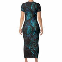 Hawaiian Mango Tribal Tattoo Short Sleeve Bodycon Dress Teal Pacific Traditional Pattern LT9 - Polynesian Pride