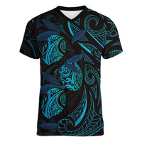 Hawaiian Mango Tribal Tattoo Women V-Neck T-Shirt Teal Pacific Traditional Pattern LT9 Female Teal - Polynesian Pride