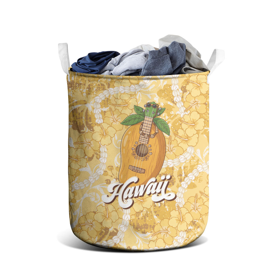 Hawaiian Mango Ukulele Laundry Basket Retro Yellow Hibiscus Pikake Lei LT9 - Polynesian Pride