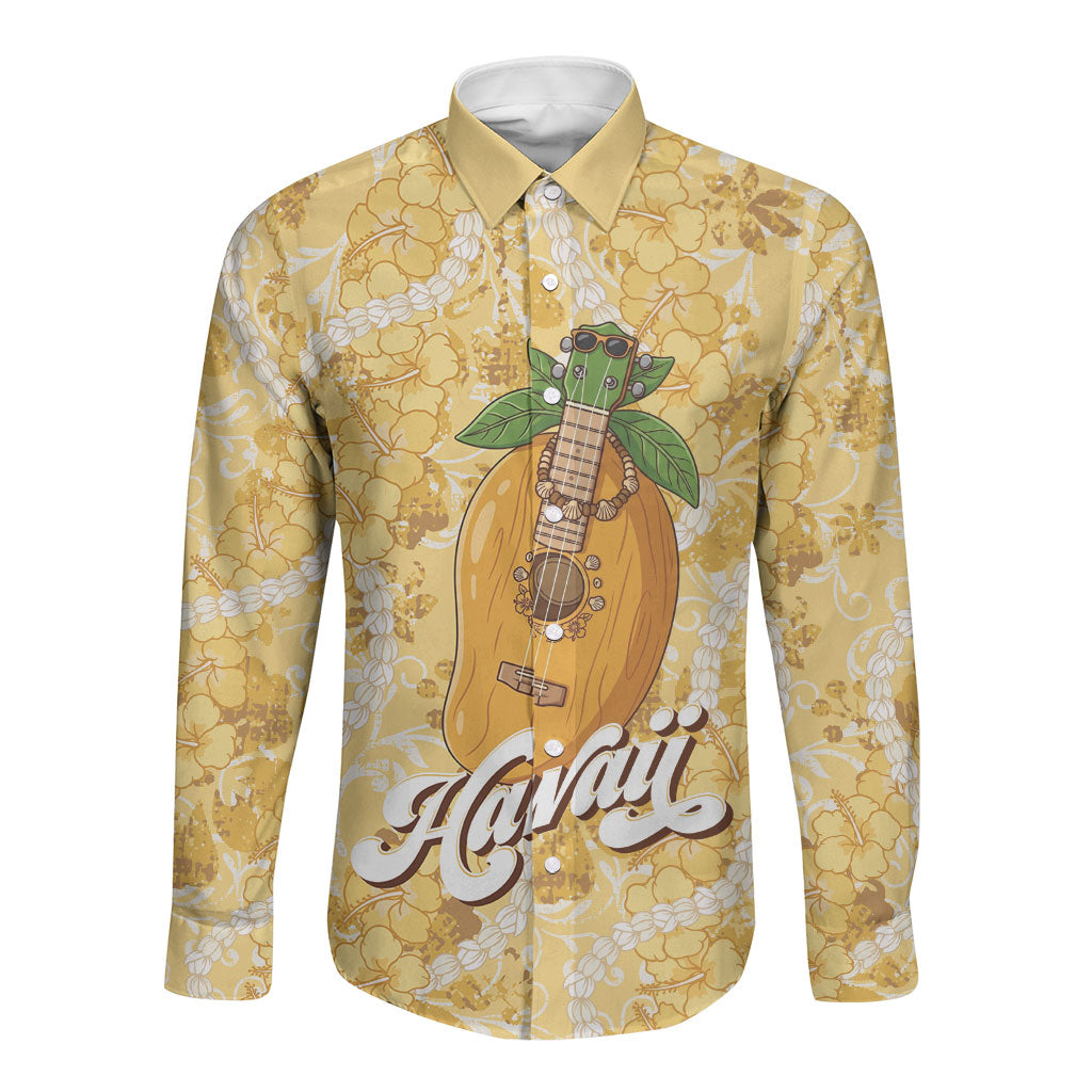 Hawaiian Mango Ukulele Long Sleeve Button Shirt Retro Yellow Hibiscus Pikake Lei LT9 Unisex Yellow - Polynesian Pride
