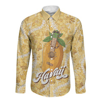 Hawaiian Mango Ukulele Long Sleeve Button Shirt Retro Yellow Hibiscus Pikake Lei LT9 Unisex Yellow - Polynesian Pride