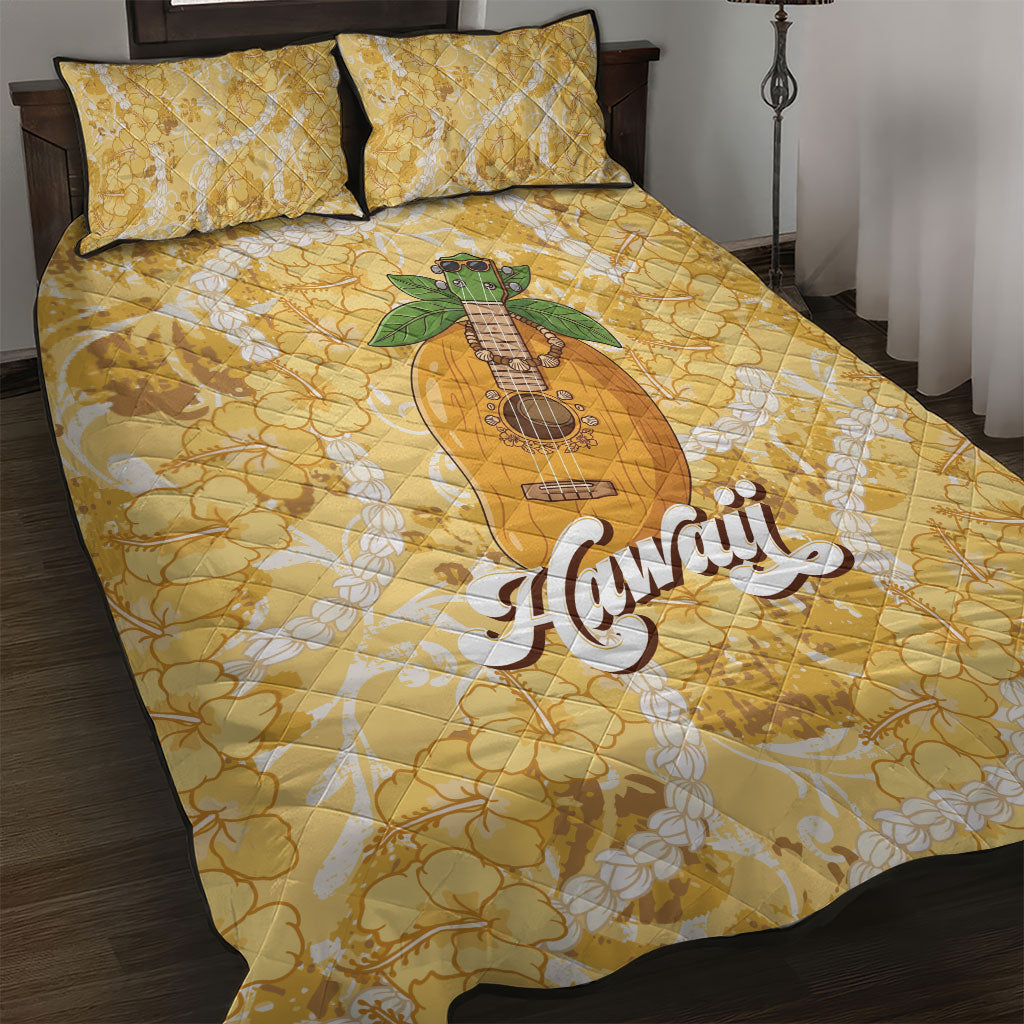 Hawaiian Mango Ukulele Quilt Bed Set Retro Yellow Hibiscus Pikake Lei LT9 Yellow - Polynesian Pride