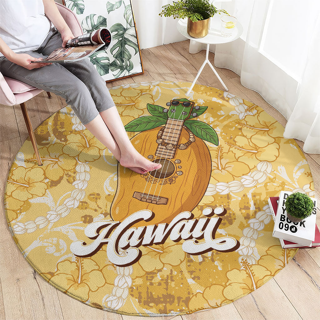 Hawaiian Mango Ukulele Round Carpet Retro Yellow Hibiscus Pikake Lei LT9 - Polynesian Pride