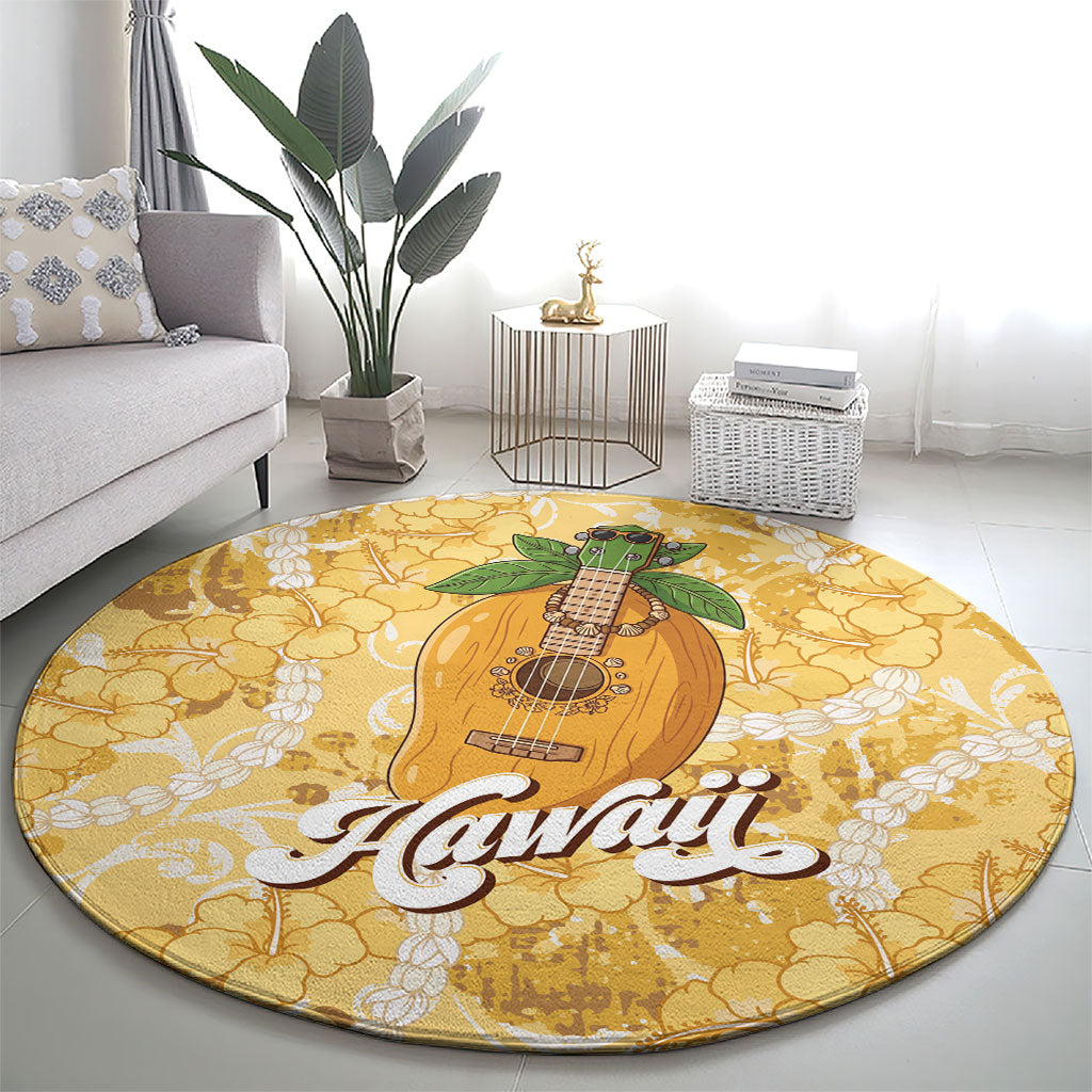 Hawaiian Mango Ukulele Round Carpet Retro Yellow Hibiscus Pikake Lei LT9 - Polynesian Pride