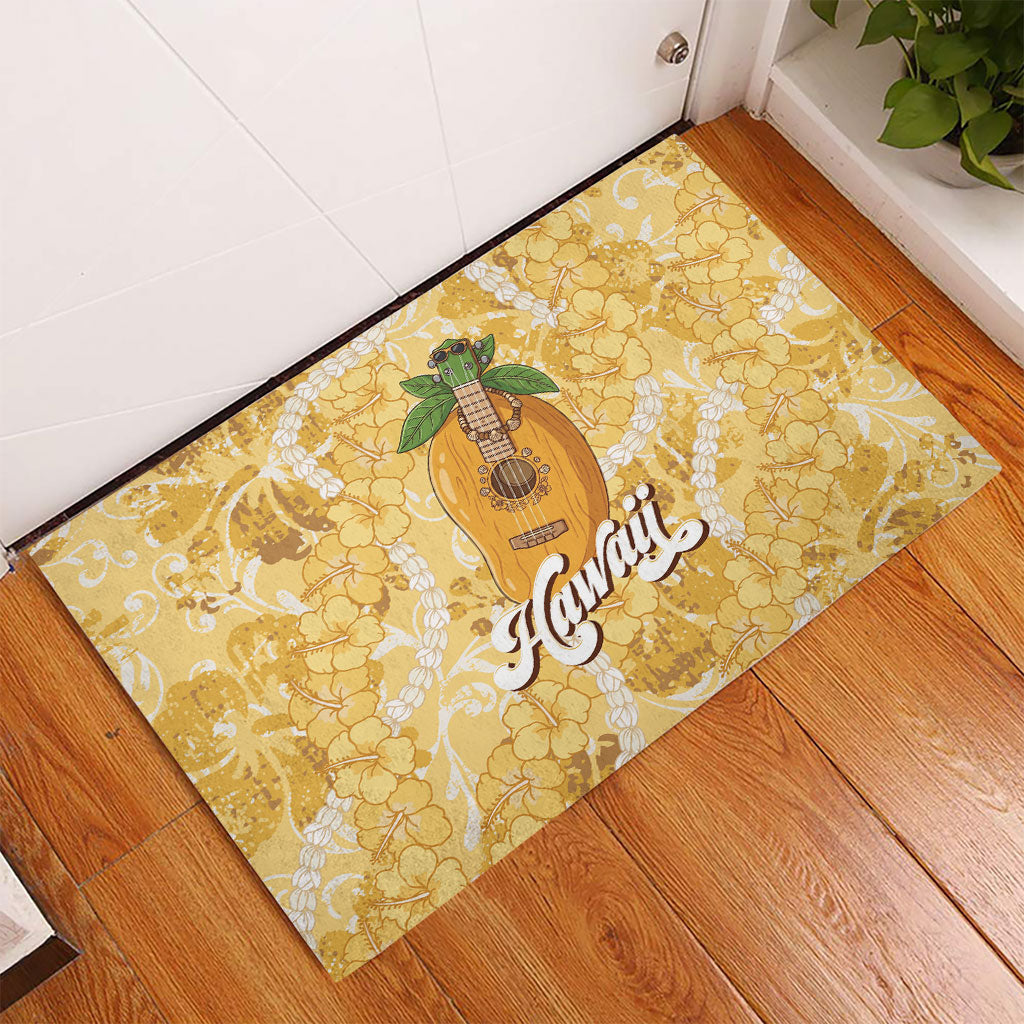 Hawaiian Mango Ukulele Rubber Doormat Retro Yellow Hibiscus Pikake Lei LT9 - Polynesian Pride