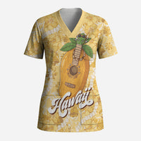 Hawaiian Mango Ukulele Scrub Top Retro Yellow Hibiscus Pikake Lei LT9 Adult Yellow - Polynesian Pride