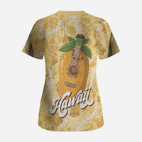 Hawaiian Mango Ukulele Scrub Top Retro Yellow Hibiscus Pikake Lei LT9 - Polynesian Pride