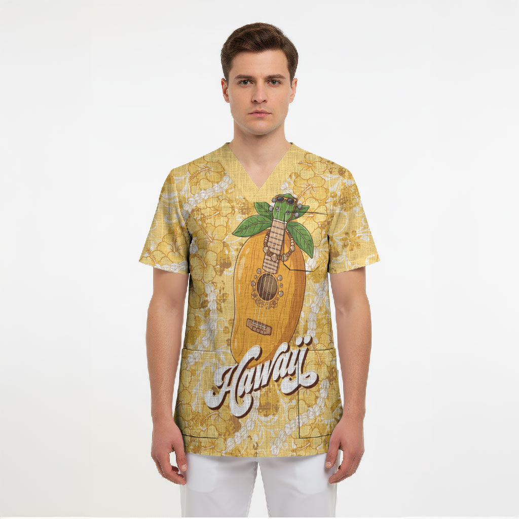 Hawaiian Mango Ukulele Scrub Top Retro Yellow Hibiscus Pikake Lei LT9 - Polynesian Pride