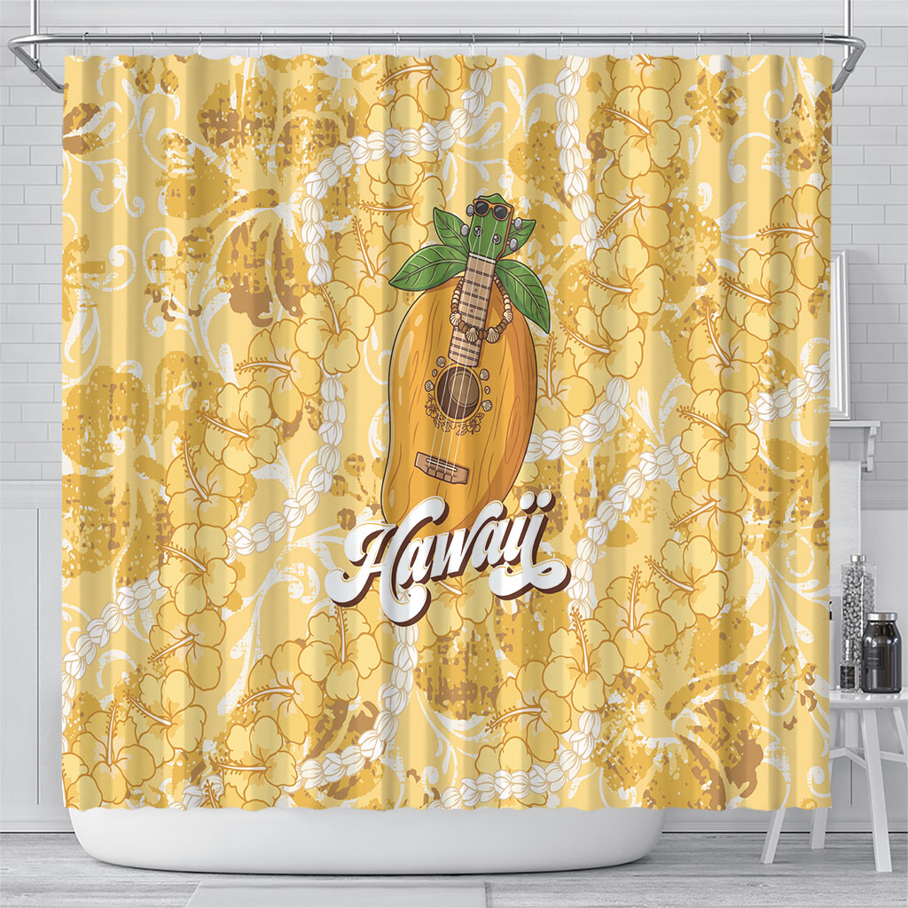 Hawaiian Mango Ukulele Shower Curtain Retro Yellow Hibiscus Pikake Lei LT9 - Polynesian Pride