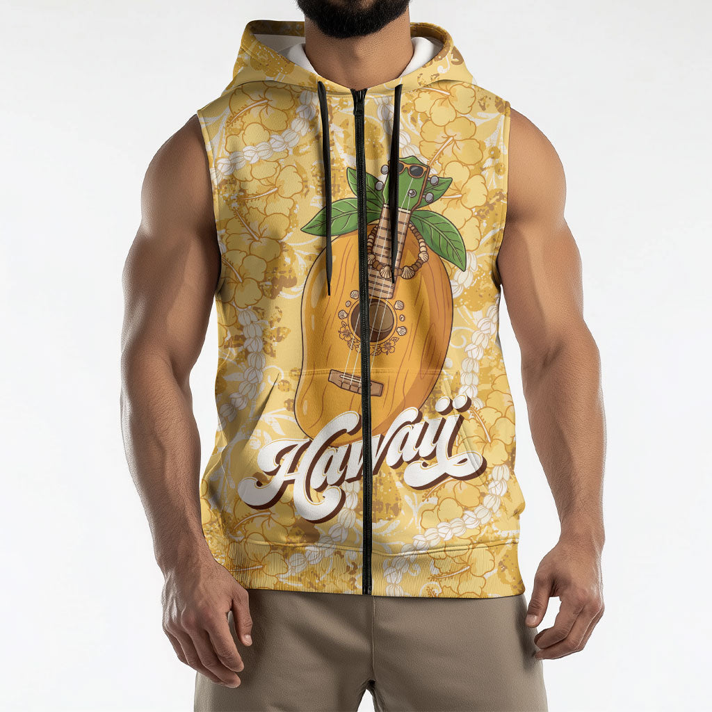 Hawaiian Mango Ukulele Sleeveless Zip Hoodie Retro Yellow Hibiscus Pikake Lei LT9 - Polynesian Pride