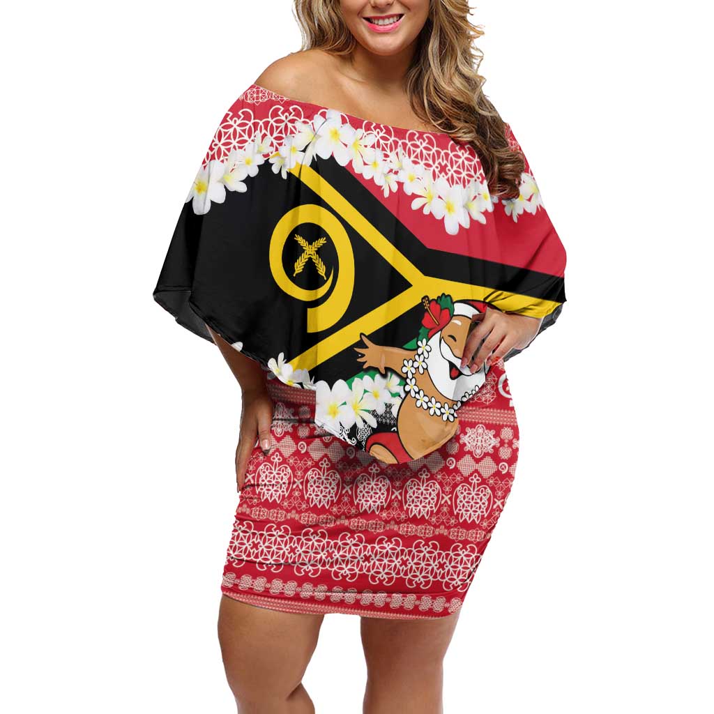 Personalised Vanuatu Joyeux Noel Off Shoulder Short Dress Proud To Be a Ni-Van Sand Drawing Art LT9 Women Red - Polynesian Pride