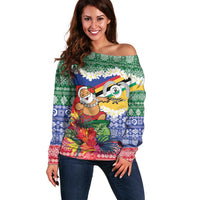 Personalised Torba Joyeux Noel Off Shoulder Sweater Proud To Be a Ni-Van Sand Drawing Art LT9 Women Green - Polynesian Pride
