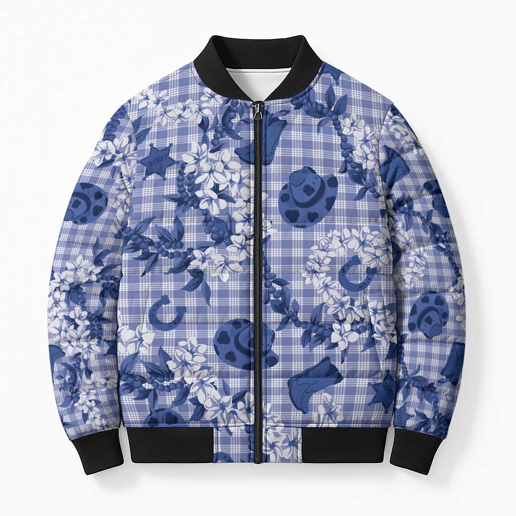 Mokihana Maile Ilima Leis Paniolo Palaka Bomber Puffer Jacket Hawaiian Polu Spirit LT9 Unisex Blue - Polynesian Pride
