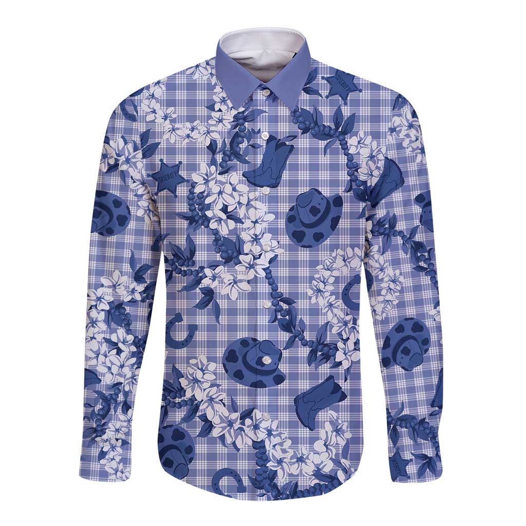 Mokihana Maile Ilima Leis Paniolo Palaka Long Sleeve Button Shirt Hawaiian Polu Spirit LT9 Unisex Blue - Polynesian Pride