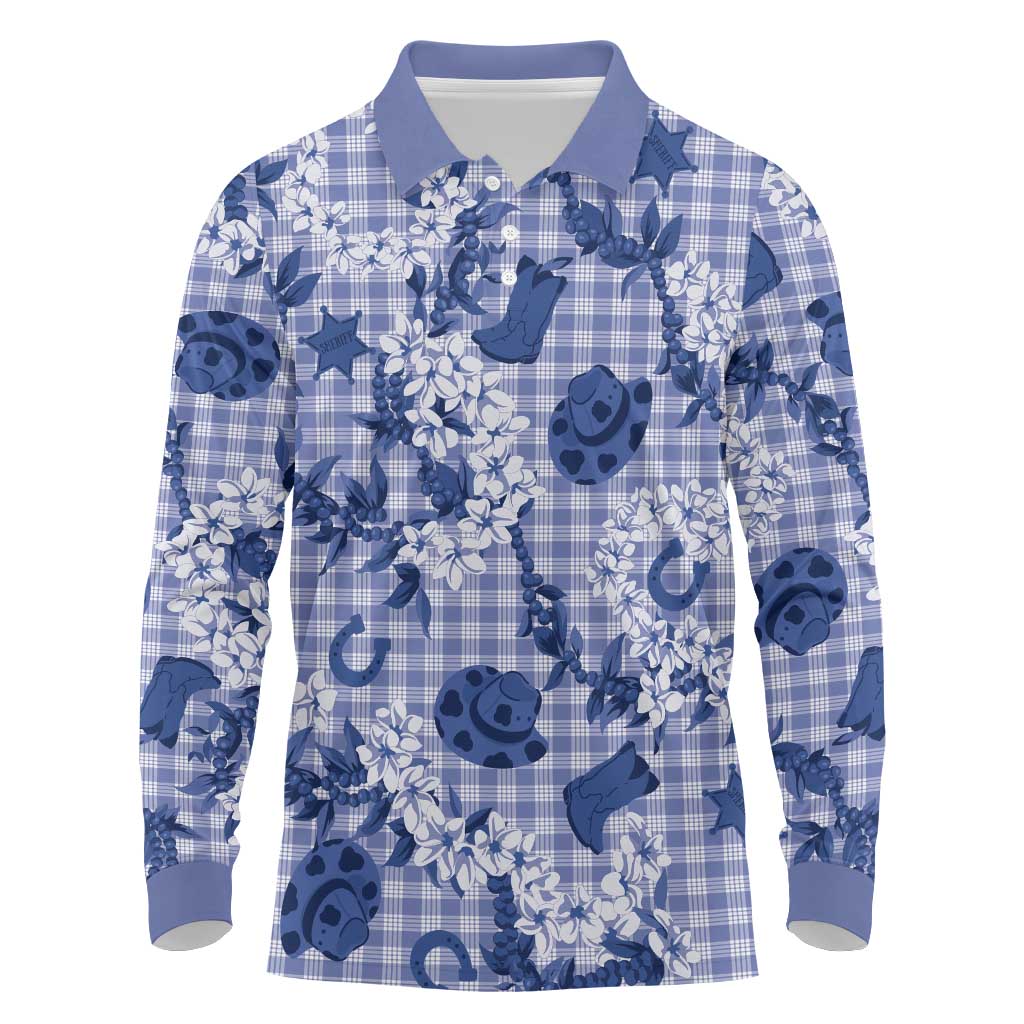 Mokihana Maile Ilima Leis Paniolo Palaka Long Sleeve Polo Shirt Hawaiian Polu Spirit LT9 Blue - Polynesian Pride