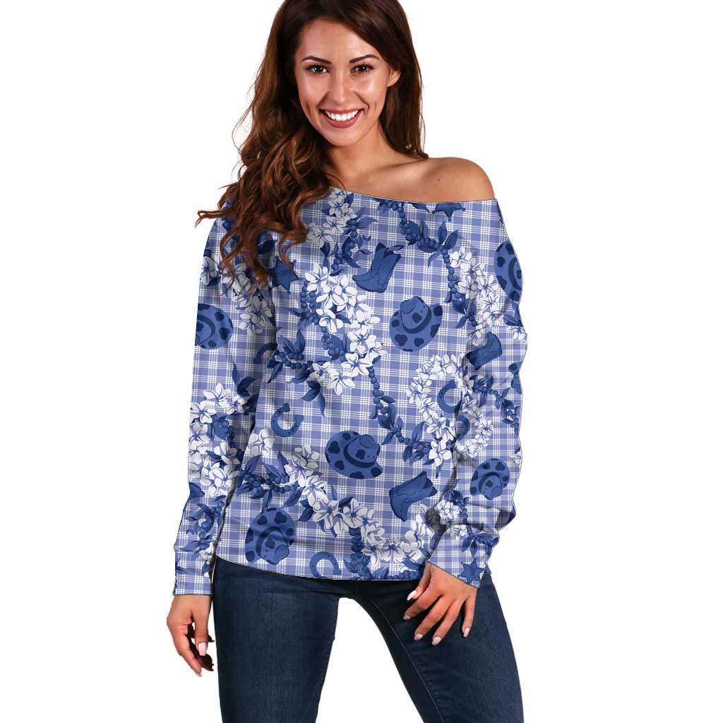 Mokihana Maile Ilima Leis Paniolo Palaka Off Shoulder Sweater Hawaiian Polu Spirit LT9 Women Blue - Polynesian Pride