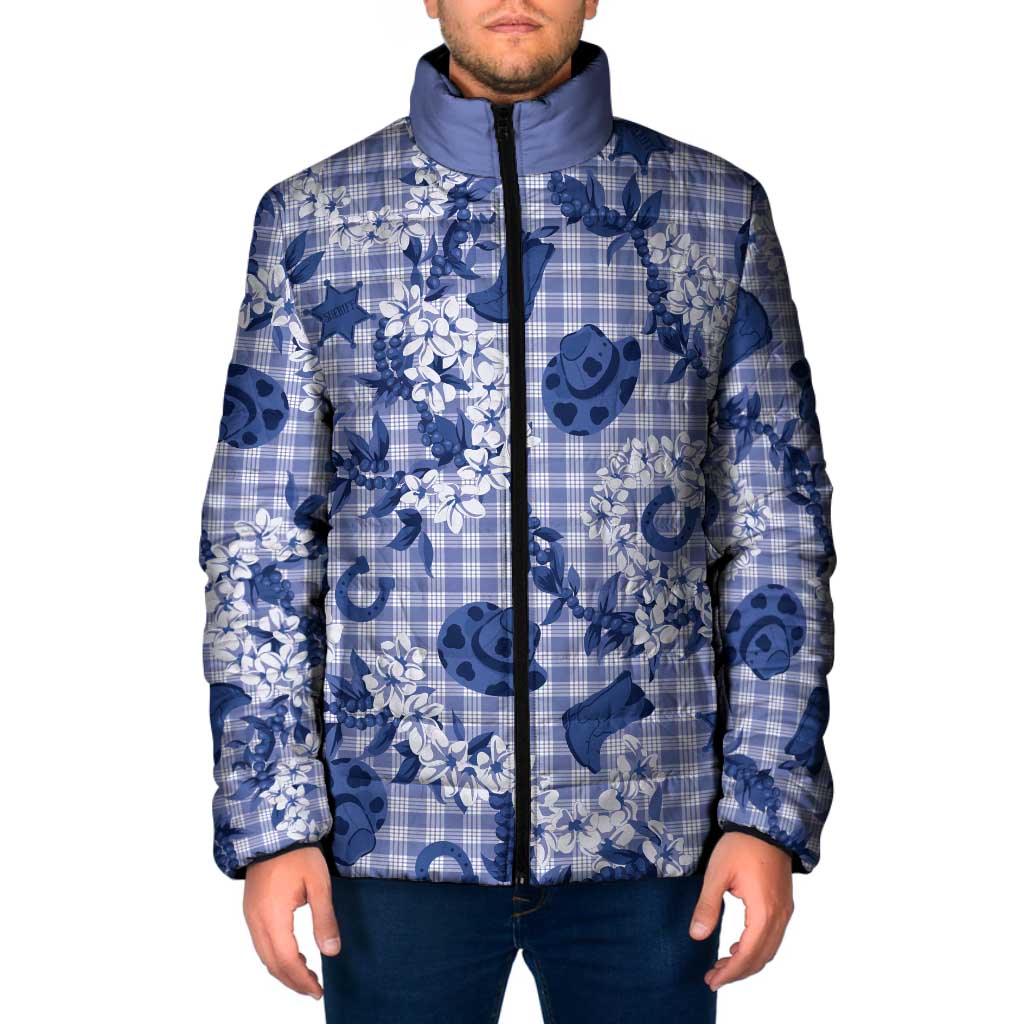 Mokihana Maile Ilima Leis Paniolo Palaka Padded Jacket Hawaiian Polu Spirit LT9 Men Blue - Polynesian Pride
