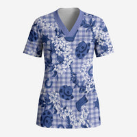 Mokihana Maile Ilima Leis Paniolo Palaka Scrub Top Hawaiian Polu Spirit LT9 Adult Blue - Polynesian Pride