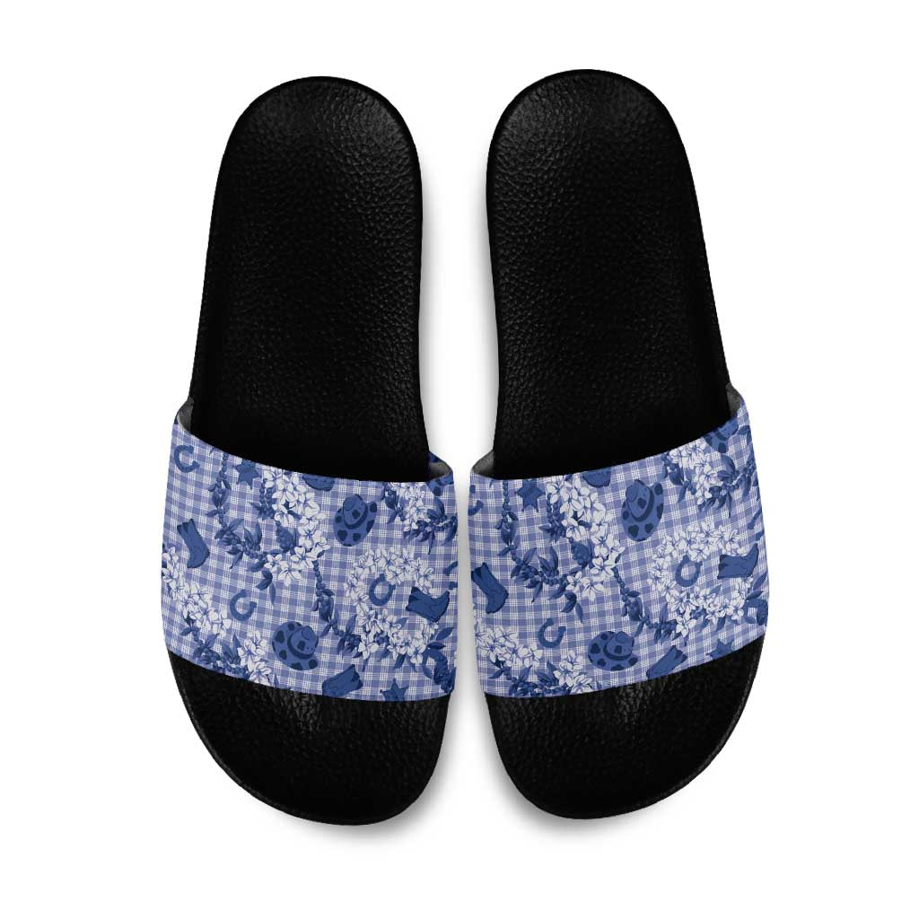 Mokihana Maile Ilima Leis Paniolo Palaka Slide Sandals Hawaiian Polu Spirit LT9 Blue - Polynesian Pride