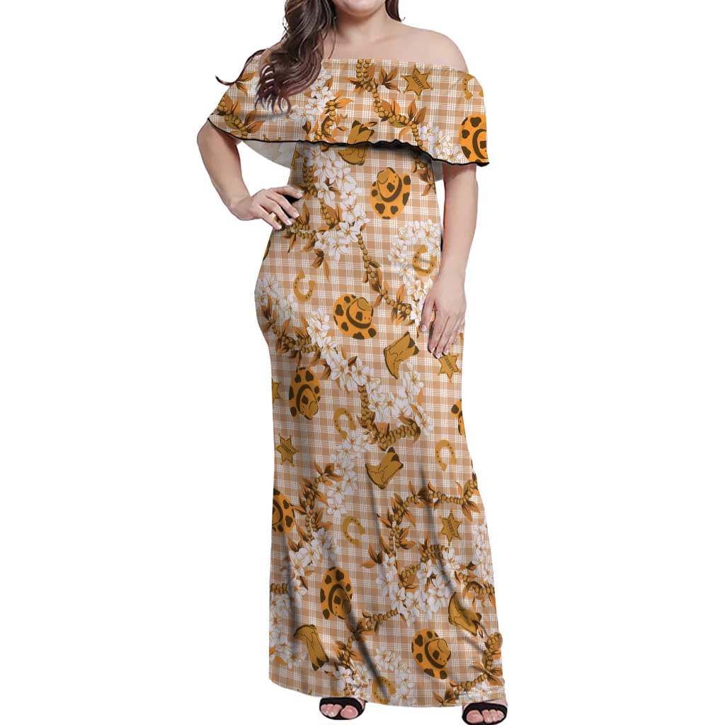 Mokihana Maile Ilima Leis Paniolo Palaka Off Shoulder Maxi Dress Hawaiian Kula Spirit LT9 Women Gold - Polynesian Pride