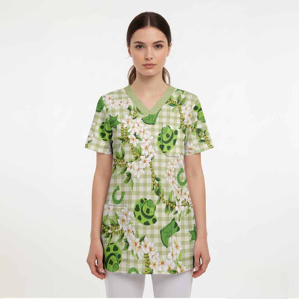 Mokihana Maile Ilima Leis Paniolo Palaka Scrub Top Hawaiian Omaomo Ala Spirit LT9 - Polynesian Pride