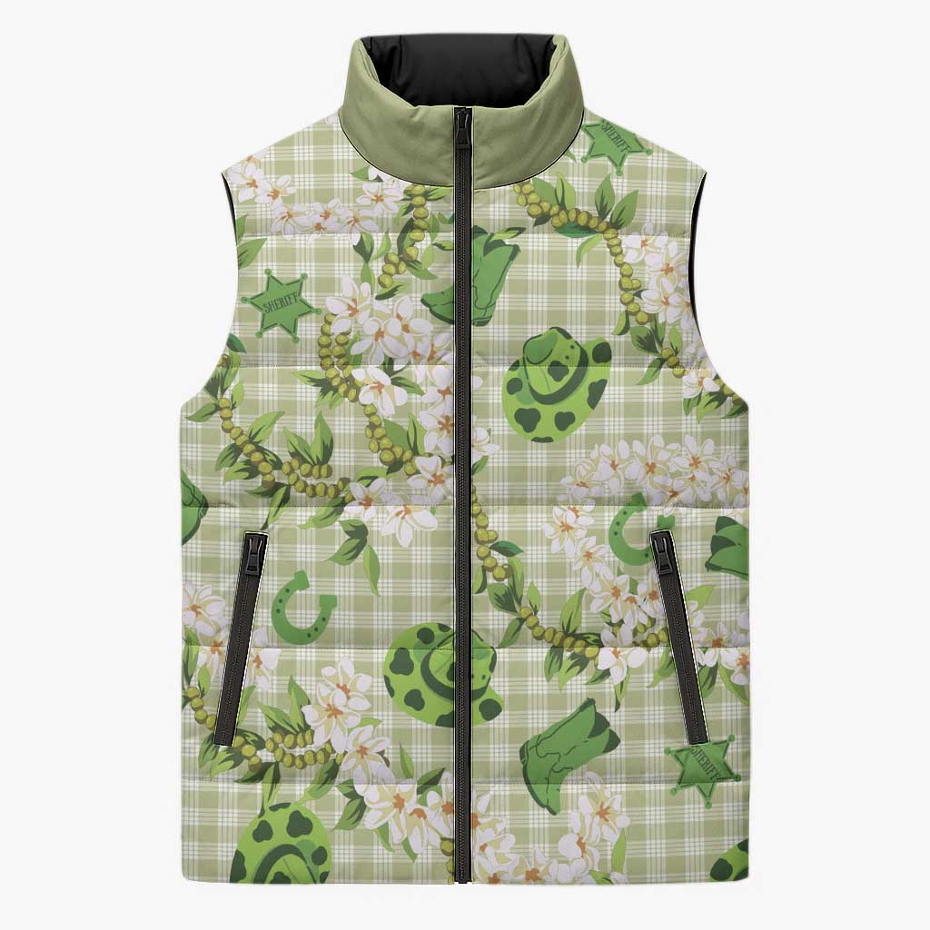 Mokihana Maile Ilima Leis Paniolo Palaka Sleeveless Puffer Jacket Hawaiian Omaomo Ala Spirit LT9 Unisex Green - Polynesian Pride