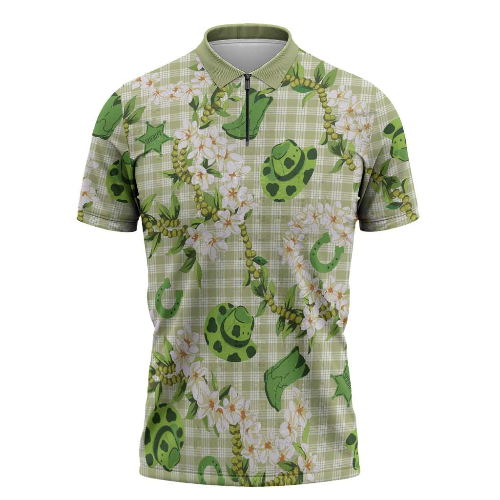 Mokihana Maile Ilima Leis Paniolo Palaka Zipper Polo Shirt Hawaiian Omaomo Ala Spirit LT9 Green - Polynesian Pride