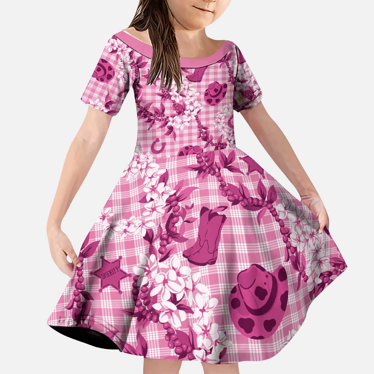 Mokihana Maile Ilima Leis - Paniolo Palaka Kid Short Sleeve Dress - Hawaiian Omaomo Ulaula Spirit LT9 KID Pink - Polynesian Pride
