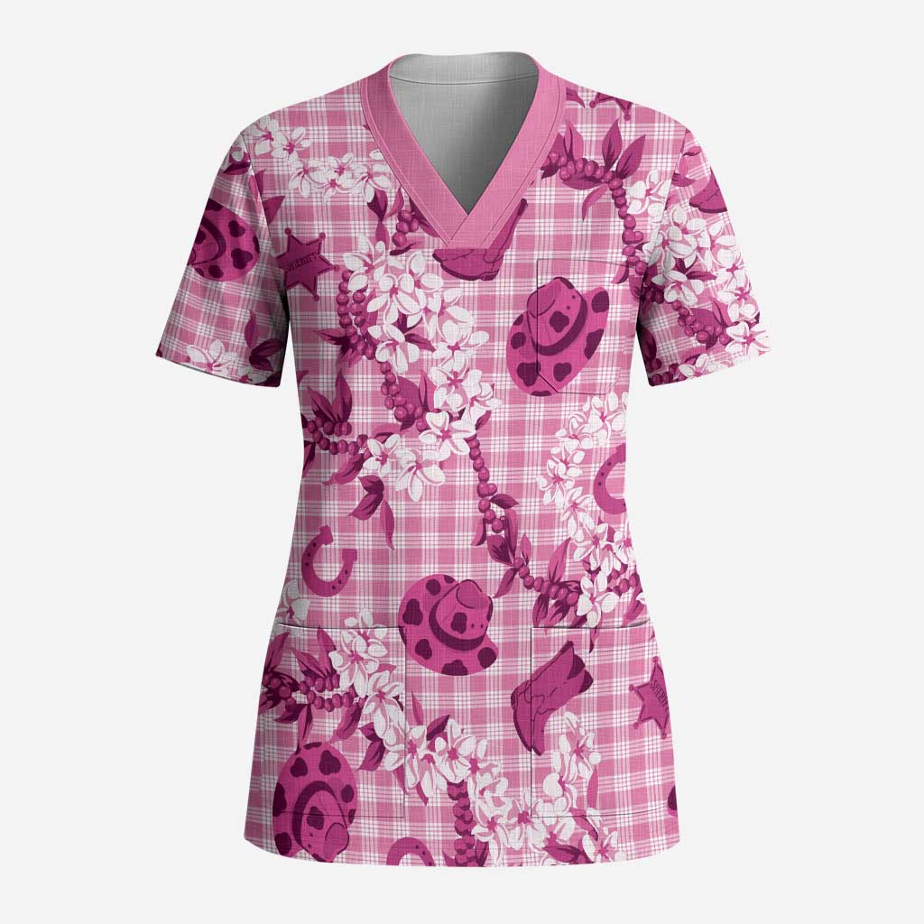 Mokihana Maile Ilima Leis Paniolo Palaka Scrub Top Hawaiian Omaomo Ulaula Spirit LT9 Adult Pink - Polynesian Pride