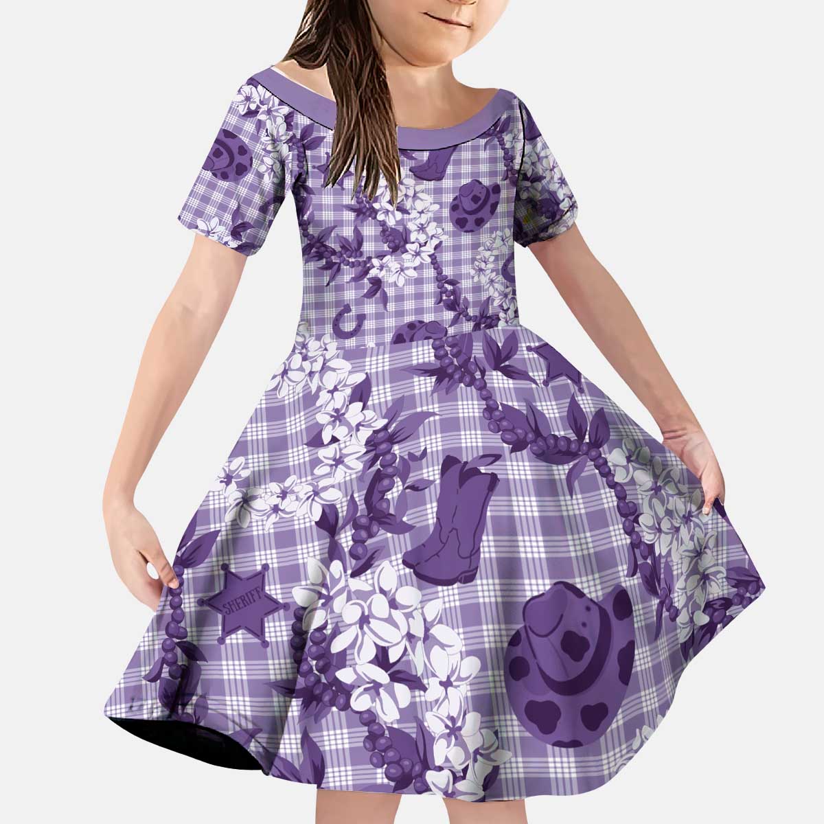 Mokihana Maile Ilima Leis Paniolo Palaka Kid Short Sleeve Dress Hawaiian Poni Spirit LT9 KID Purple - Polynesian Pride