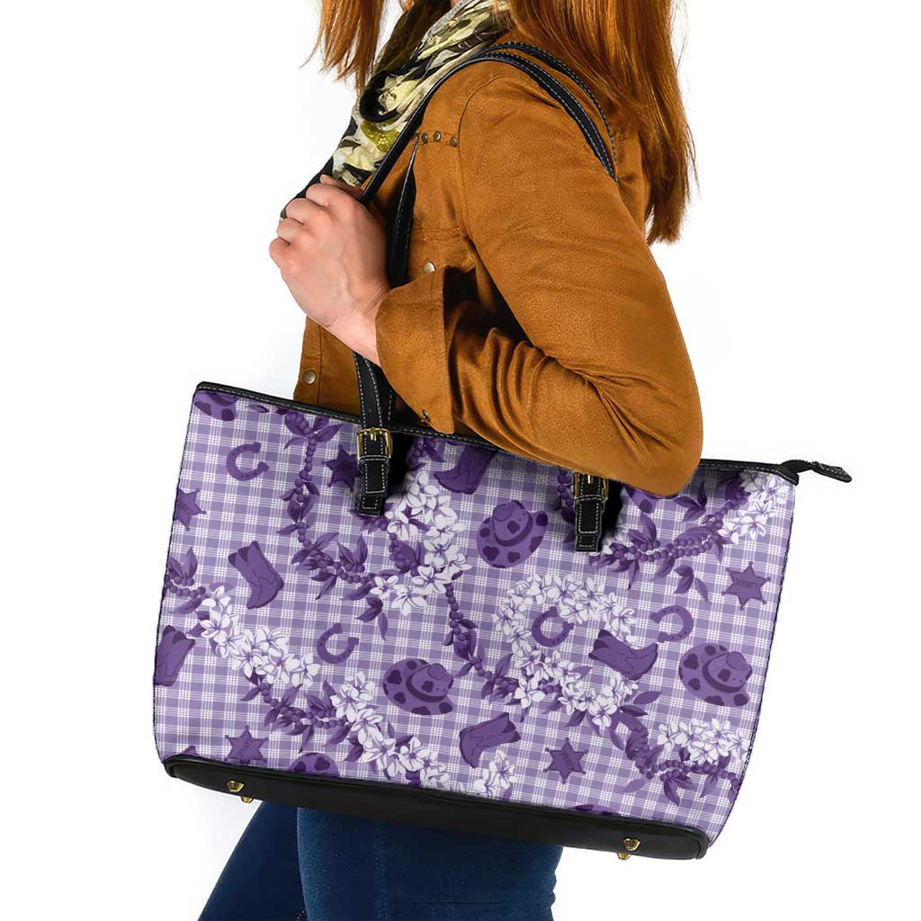 Mokihana Maile Ilima Leis Paniolo Palaka Leather Tote Bag Hawaiian Poni Spirit LT9 Purple - Polynesian Pride