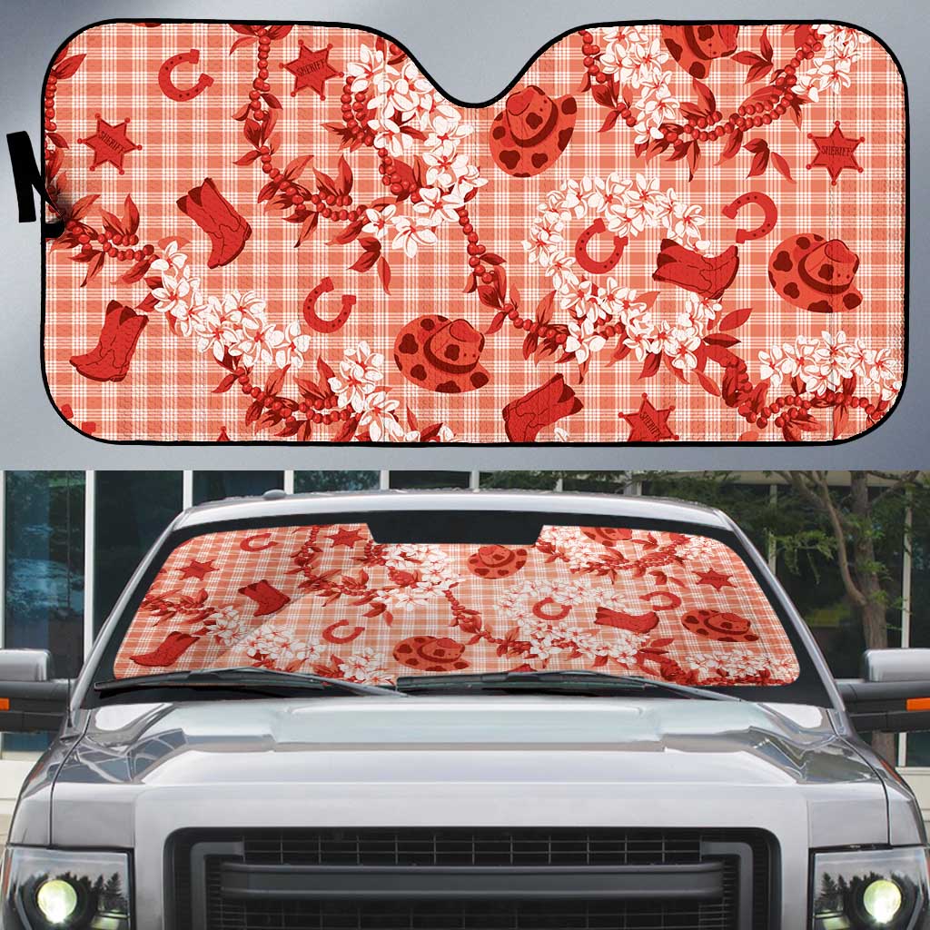 Mokihana Maile Ilima Leis Paniolo Palaka Auto Sun Shade Hawaiian Ulaula Spirit LT9 Red - Polynesian Pride
