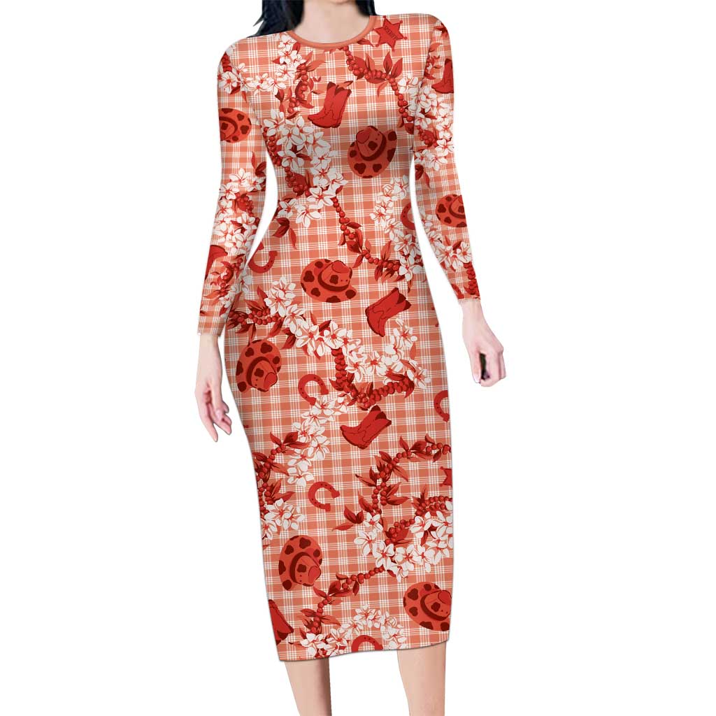 Mokihana Maile Ilima Leis Paniolo Palaka Long Sleeve Bodycon Dress Hawaiian Ulaula Spirit LT9 Long Dress Red - Polynesian Pride