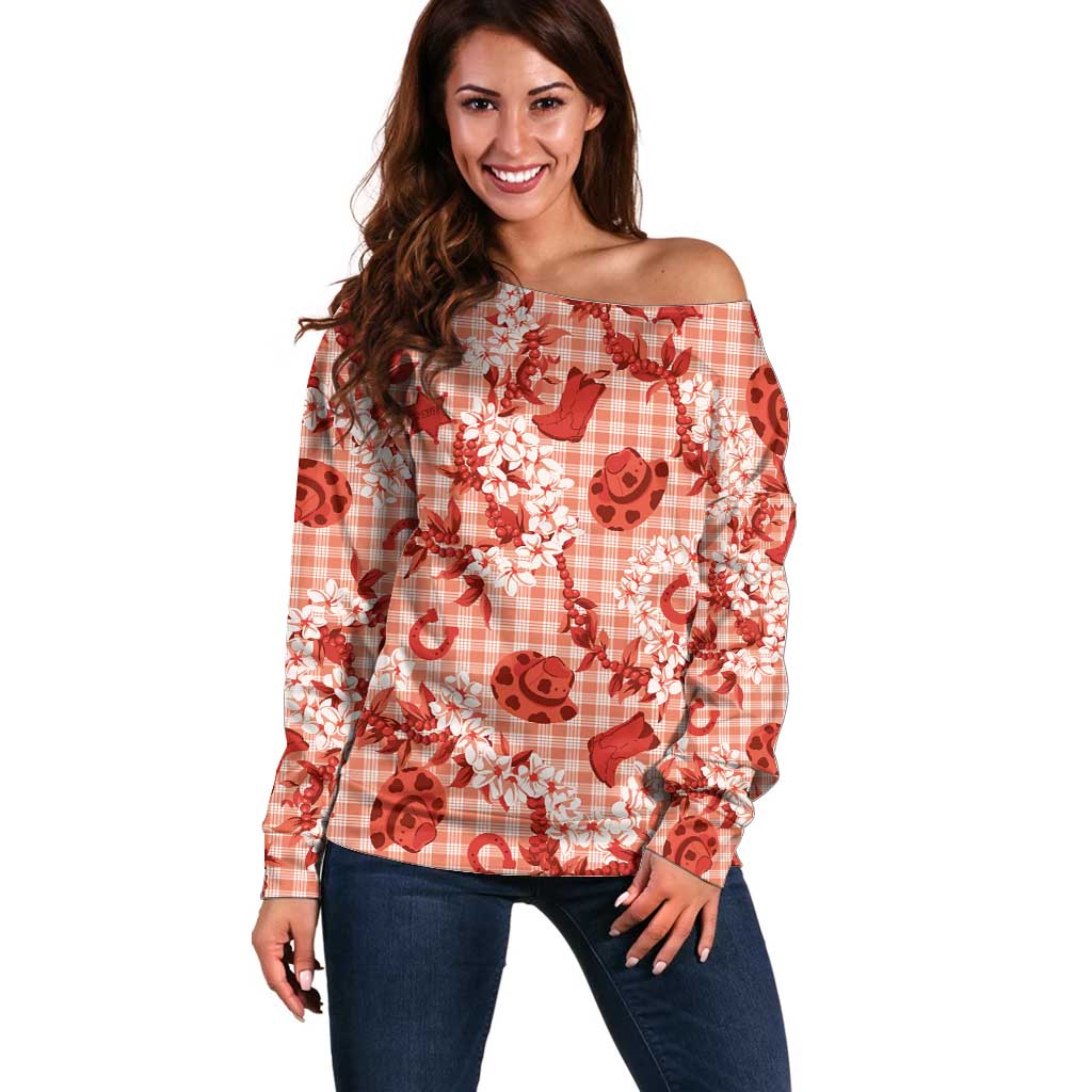 Mokihana Maile Ilima Leis Paniolo Palaka Off Shoulder Sweater Hawaiian Ulaula Spirit LT9 Women Red - Polynesian Pride