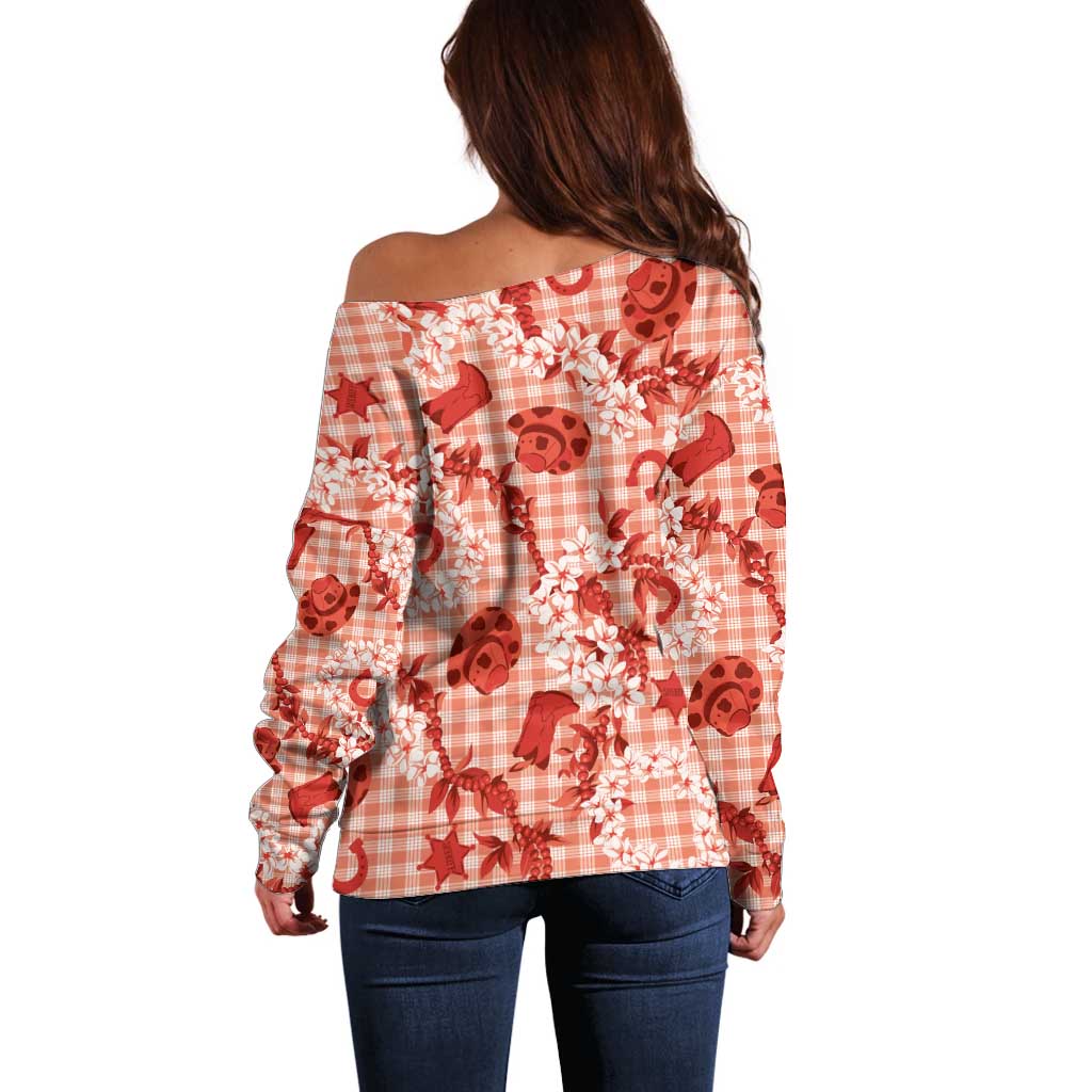 Mokihana Maile Ilima Leis Paniolo Palaka Off Shoulder Sweater Hawaiian Ulaula Spirit LT9 - Polynesian Pride