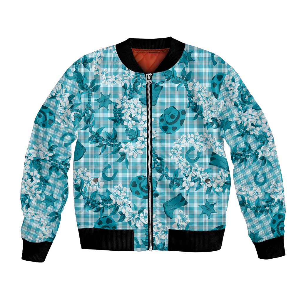 Mokihana Maile Ilima Leis Paniolo Palaka Bomber Jacket Hawaiian Polu Opa Spirit LT9 Unisex Turquoise - Polynesian Pride