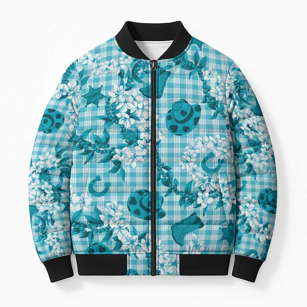 Mokihana Maile Ilima Leis Paniolo Palaka Bomber Puffer Jacket Hawaiian Polu Opa Spirit LT9 Unisex Turquoise - Polynesian Pride