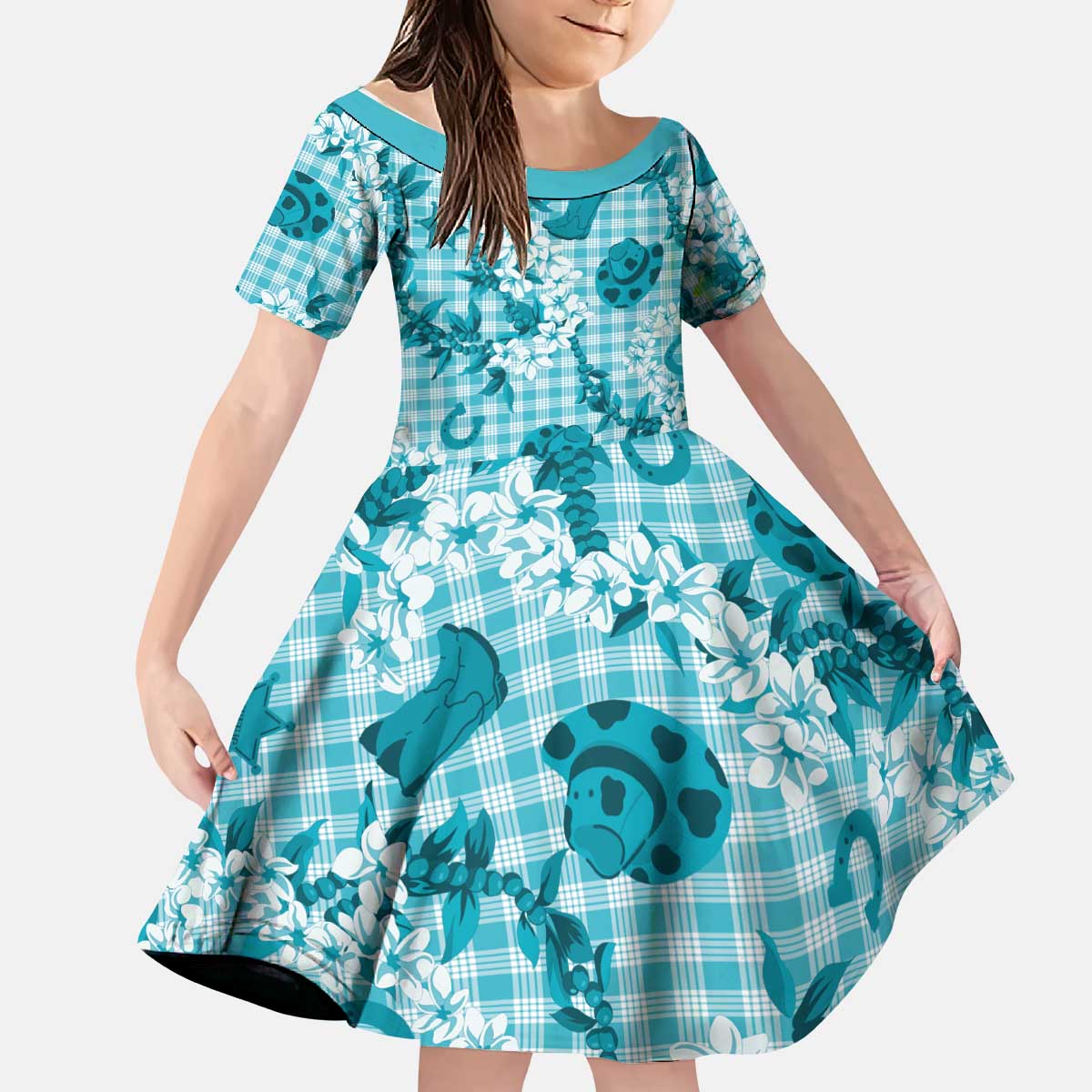 Mokihana Maile Ilima Leis Paniolo Palaka Kid Short Sleeve Dress Hawaiian Polu Opa Spirit LT9 KID Turquoise - Polynesian Pride
