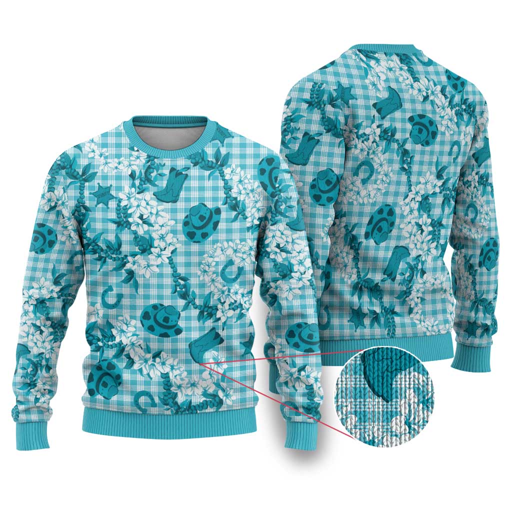 Mokihana Maile Ilima Leis Paniolo Palaka Ugly Christmas Sweater Hawaiian Polu Opa Spirit LT9 Turquoise - Polynesian Pride