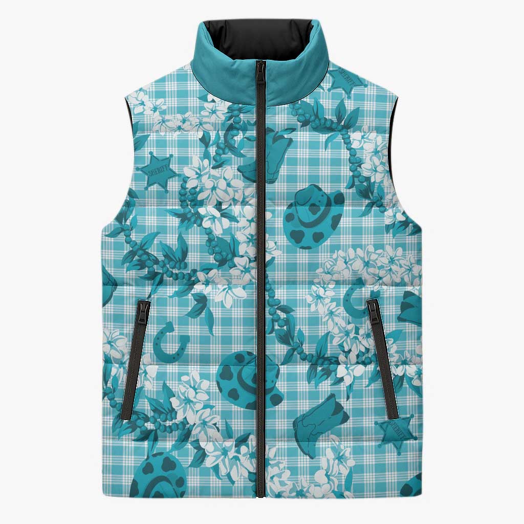 Mokihana Maile Ilima Leis Paniolo Palaka Sleeveless Puffer Jacket Hawaiian Polu Opa Spirit LT9 Unisex Turquoise - Polynesian Pride