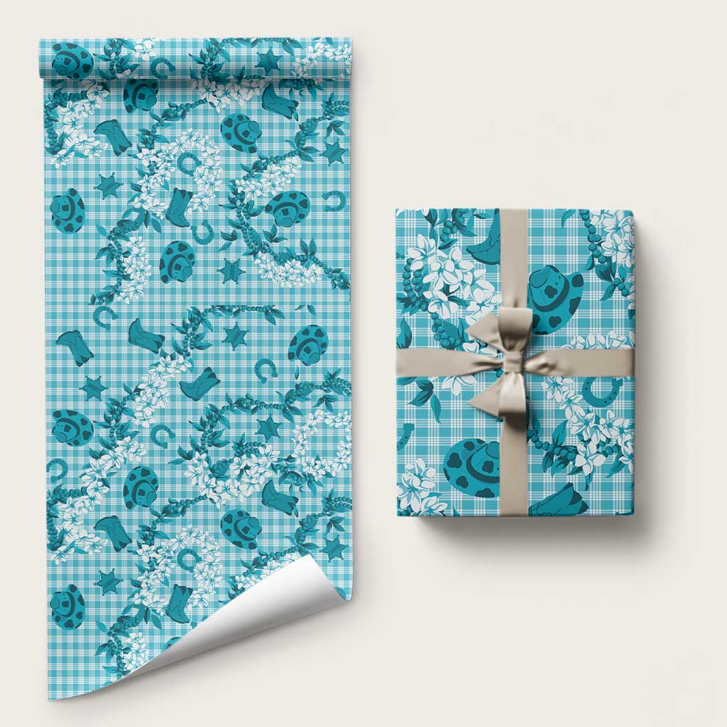 Mokihana Maile Ilima Leis Paniolo Palaka Wrapping Paper Hawaiian Polu Opa Spirit LT9 58" × 23" Turquoise - Polynesian Pride