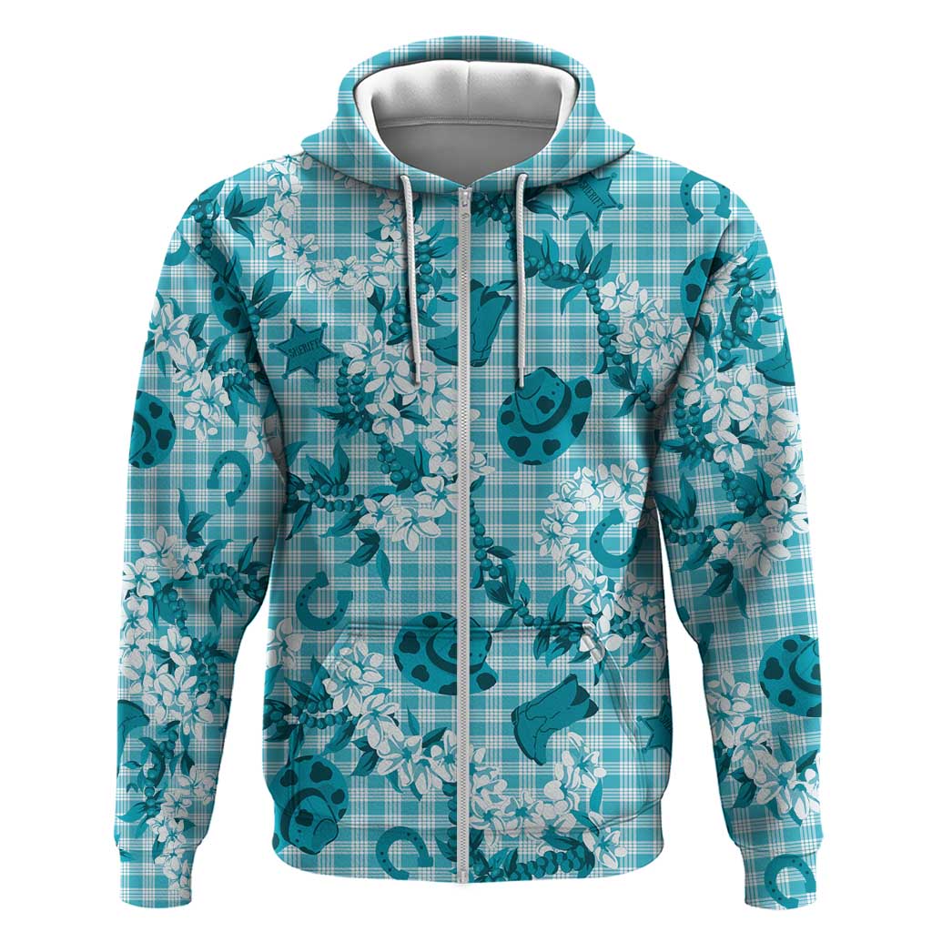 Mokihana Maile Ilima Leis Paniolo Palaka Zip Hoodie Hawaiian Polu Opa Spirit LT9 Zip Hoodie Turquoise - Polynesian Pride